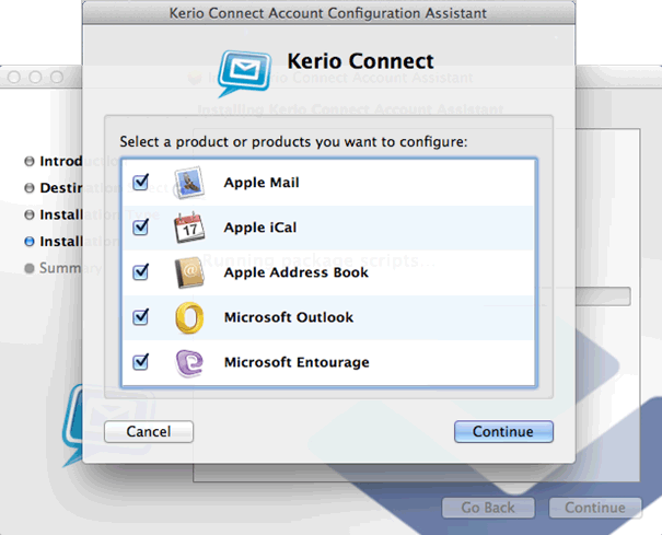 Kerio Connect Account Assistant — selecting applications to configure