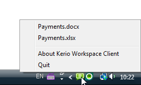 Desktop client menu with list of opened files