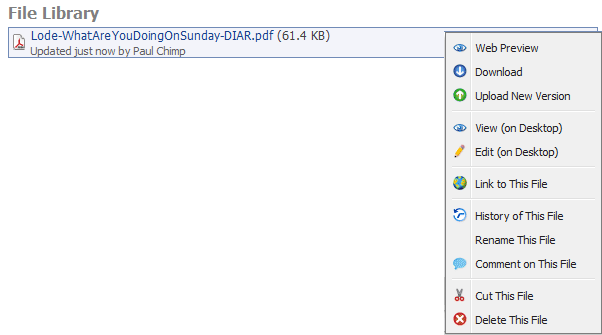 Context menu for a file in a File Library
