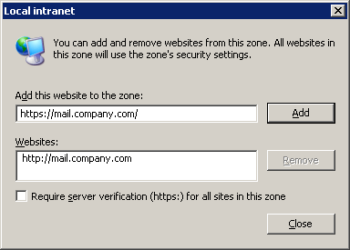 URL addresses can be specified in the Local intranet dialog