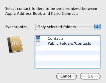 Kerio Sync Connector — contact folders selected for synchronization