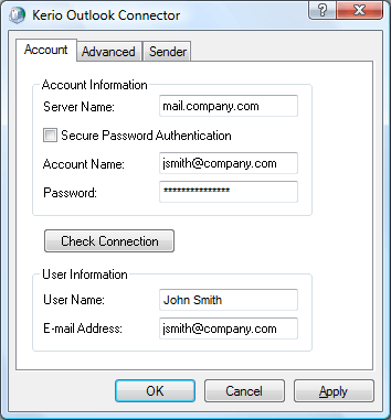 Account settings — connection settings