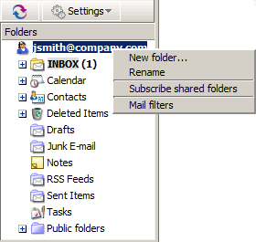 Context menu of the root folder