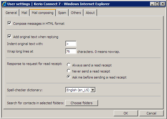 User settings — Mail composing tab
