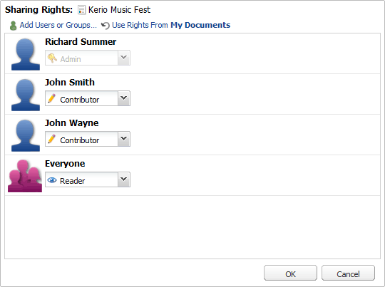 Sharing settings and assigning rights to specific users